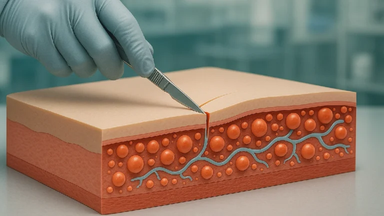 A surgeon cutting printed simulated skin showing internal structure and fluids.