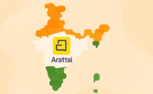 Chat bubbles forming India with Arattai logo.