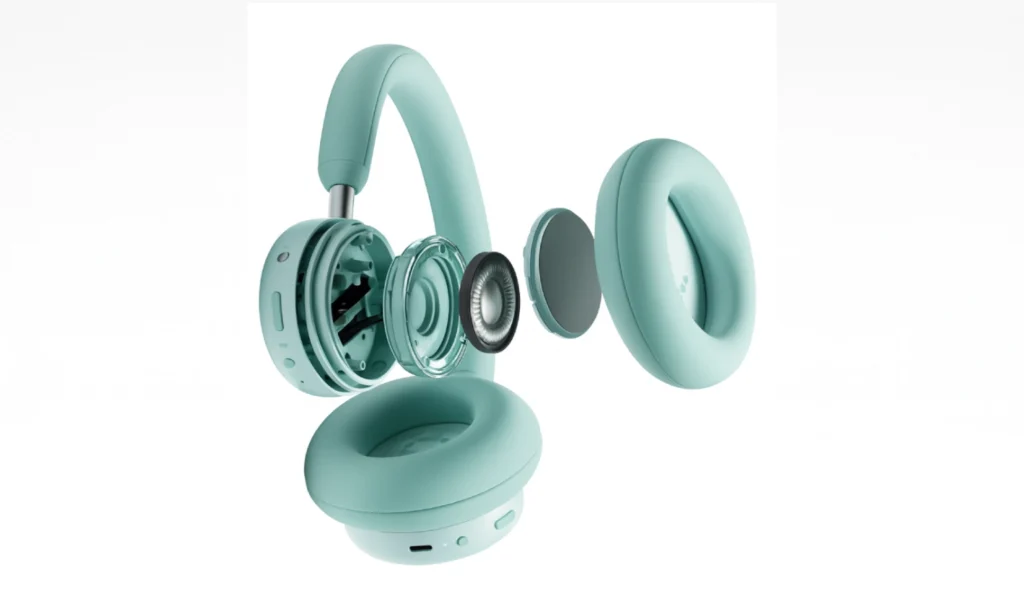 Over-ear headphones with colorful cushions and a physical slider for sound control.
