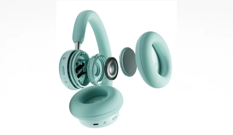 Over-ear headphones with colorful cushions and a physical slider for sound control.