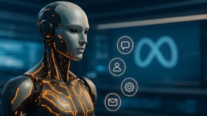 Futuristic humanoid robot with circuits and Meta branding representing a robotics OS.