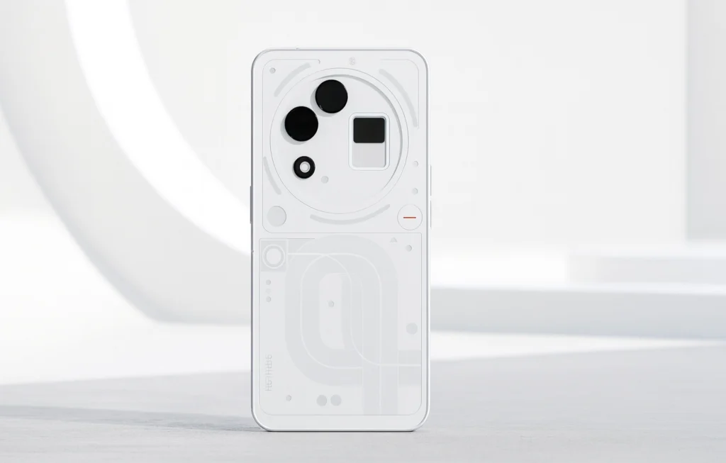 Transparent phone with glowing Glyph lights representing leaked design.