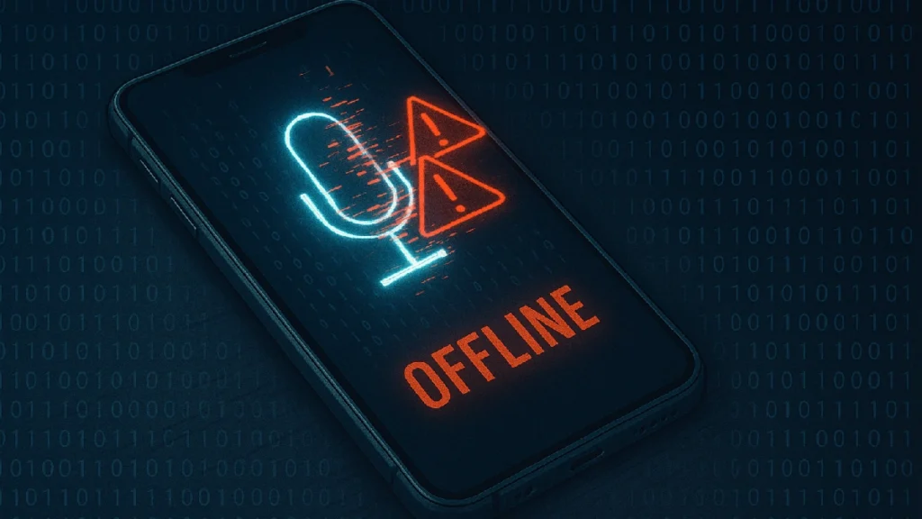 Smartphone with call-recording app showing offline warning and binary leak.