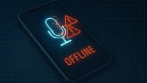 Smartphone with call-recording app showing offline warning and binary leak.