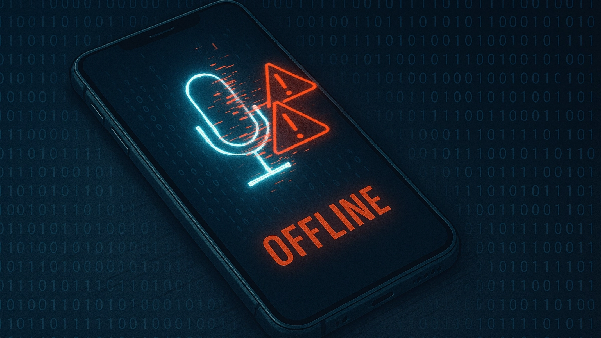 Smartphone with call-recording app showing offline warning and binary leak.
