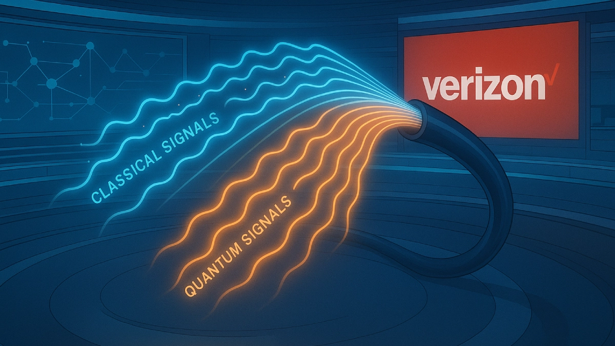 Quantum and classical signals traveling together in a futuristic fiber-optic cable.
