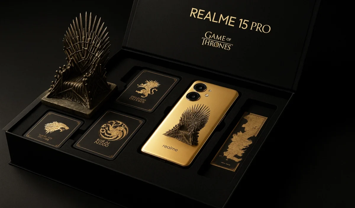 GOT edition Realme box set with phone, throne stand, and cards.