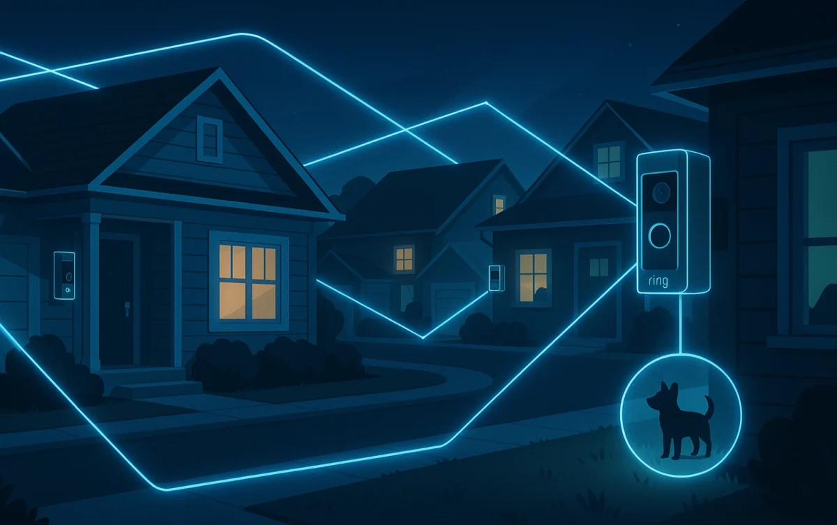 Multiple houses with Ring cameras detecting a lost dog in a neighborhood.