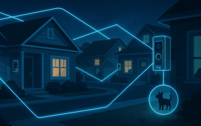 Multiple houses with Ring cameras detecting a lost dog in a neighborhood.