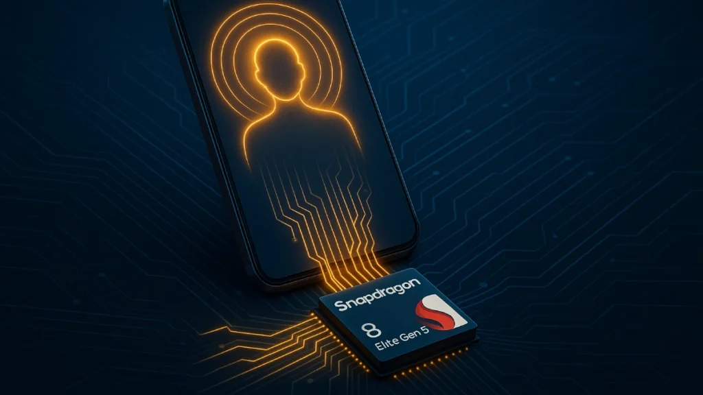 Smartphone emitting AI circuits around the Snapdragon 8 Elite Gen 5 chip.