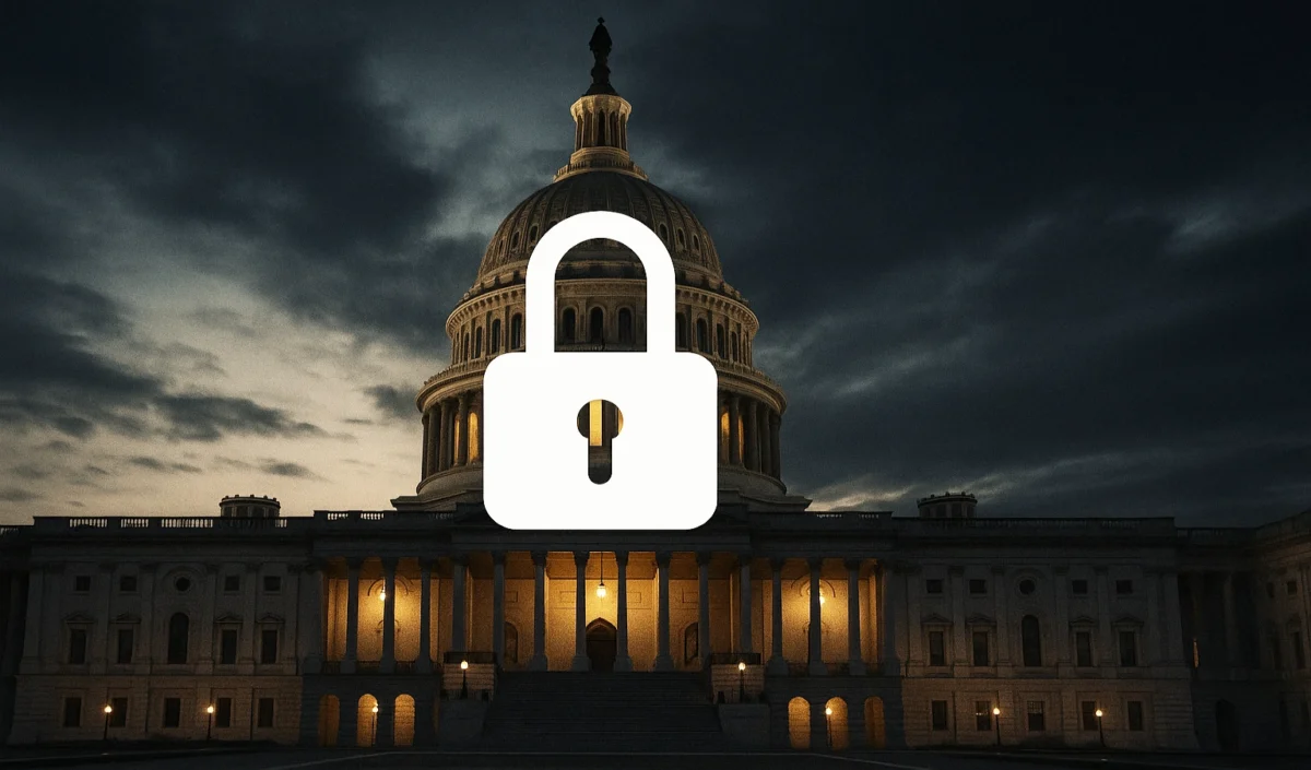 Capitol building with symbolic locked gate representing government shutdown risk.