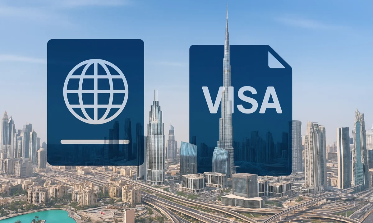 Dubai skyline with passport and visa symbols showing visa reforms.