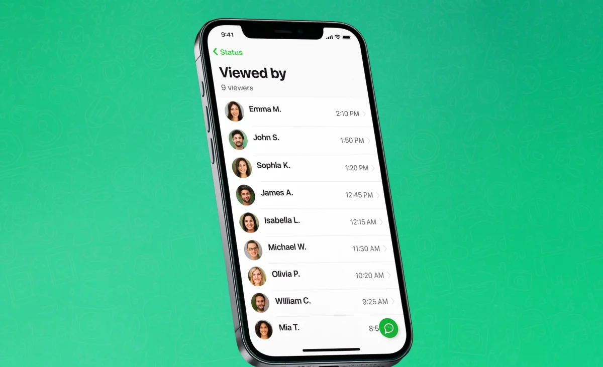 WhatsApp iOS showing a new chat bubble shortcut beside status viewers.