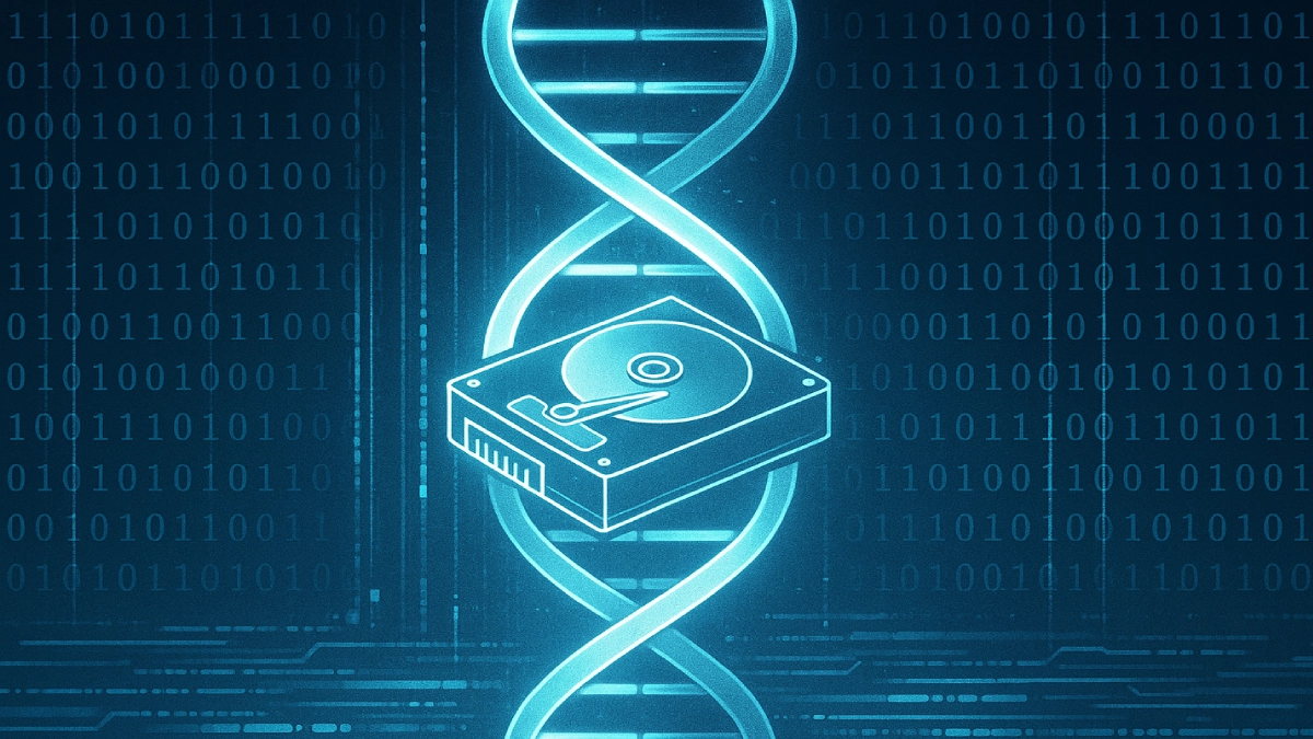 A glowing DNA double helix with binary code representing futuristic data storage.