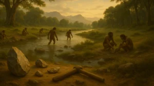 Ancient human group in Asian landscape during the Middle Pleistocene.