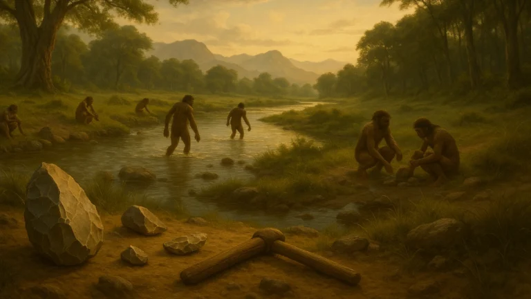 Ancient human group in Asian landscape during the Middle Pleistocene.