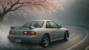 Racing car drifting on mountain road under cherry blossoms.