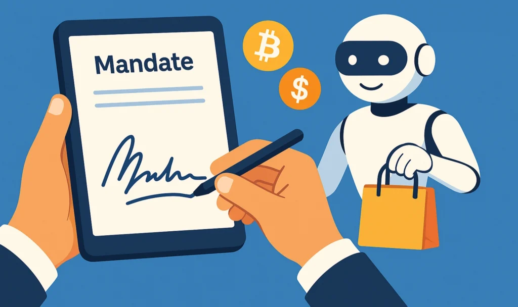 User signing a digital mandate and AI agent executing purchase with crypto/fiat icons.