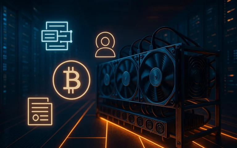 Data center and mining rig merged with digital payment visuals representing AI-crypto fusion.