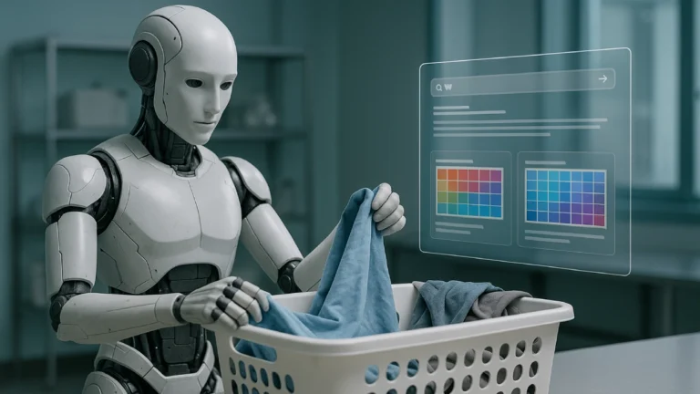 Robot sorting clothes while displaying web search overlay
