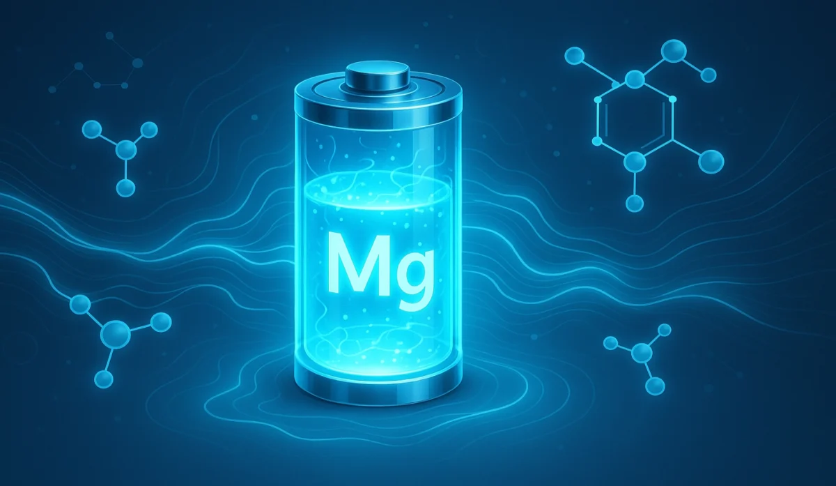 Artistic illustration of a futuristic magnesium battery glowing with energy.