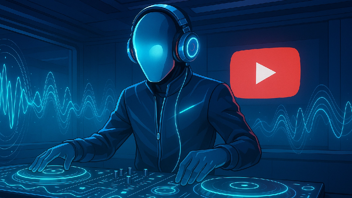 Futuristic AI DJ illustration representing YouTube’s new music host feature.