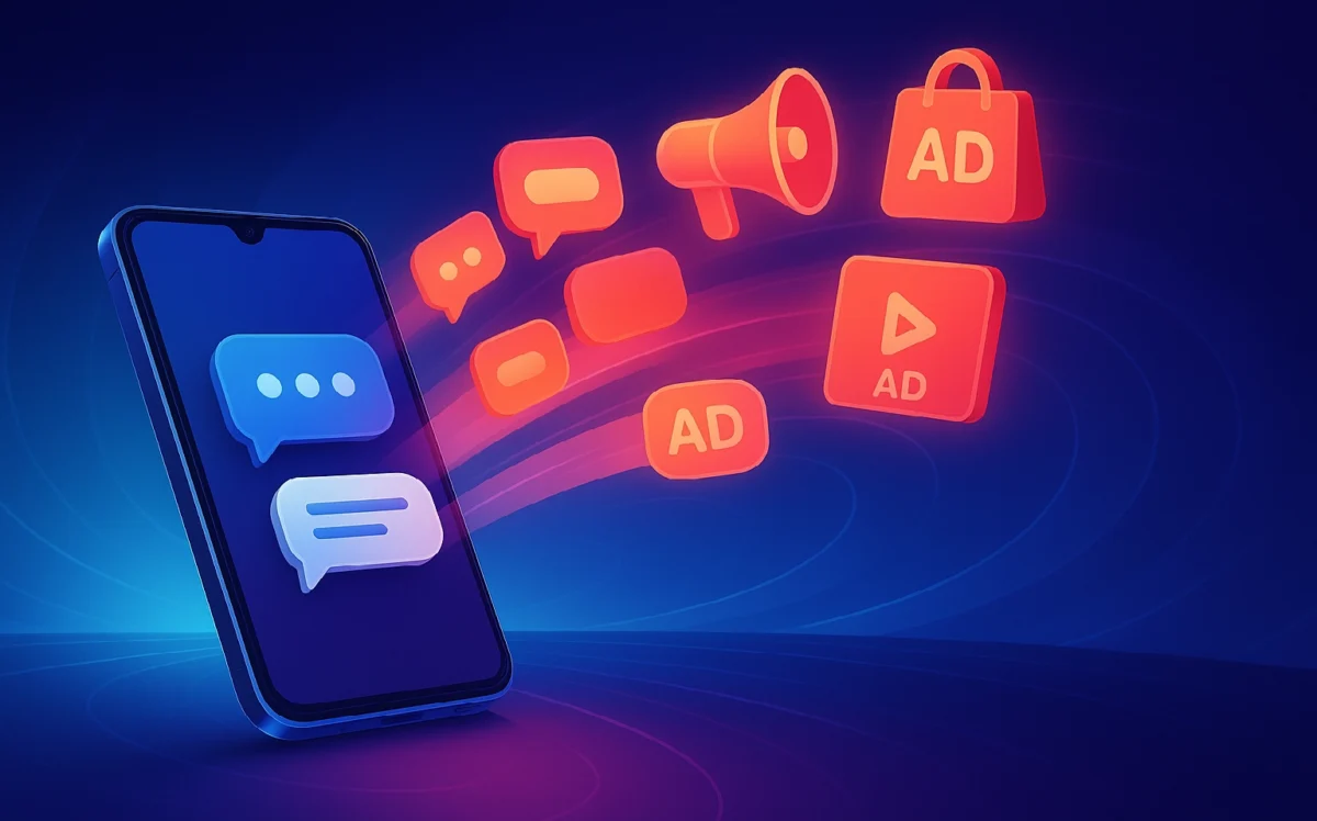 Phone with chat messages turning into advertising icons.