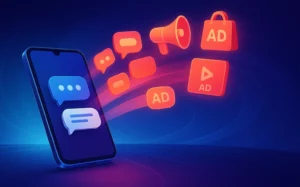 Phone with chat messages turning into advertising icons.