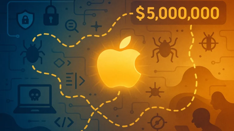 Illustration of a glowing Apple logo at the center of a digital treasure map with cybersecurity icons and a golden $5,000,000 marker, symbolizing Apple’s expanded bug bounty program.