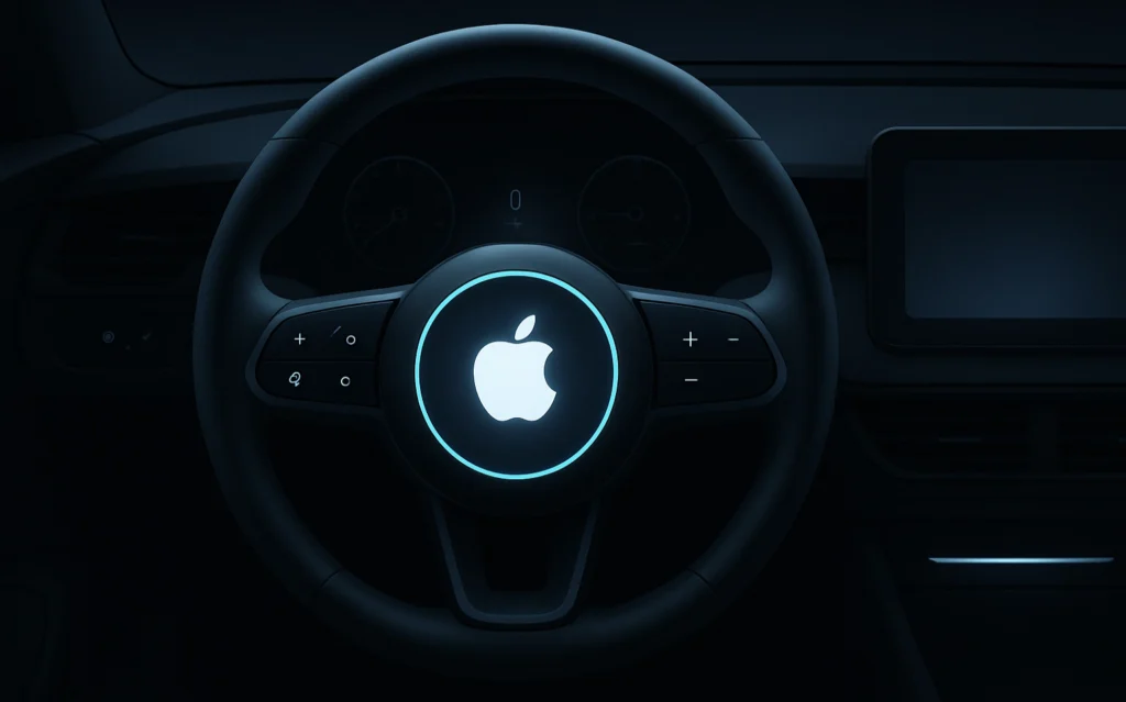 Futuristic steering wheel glowing with Apple logo.