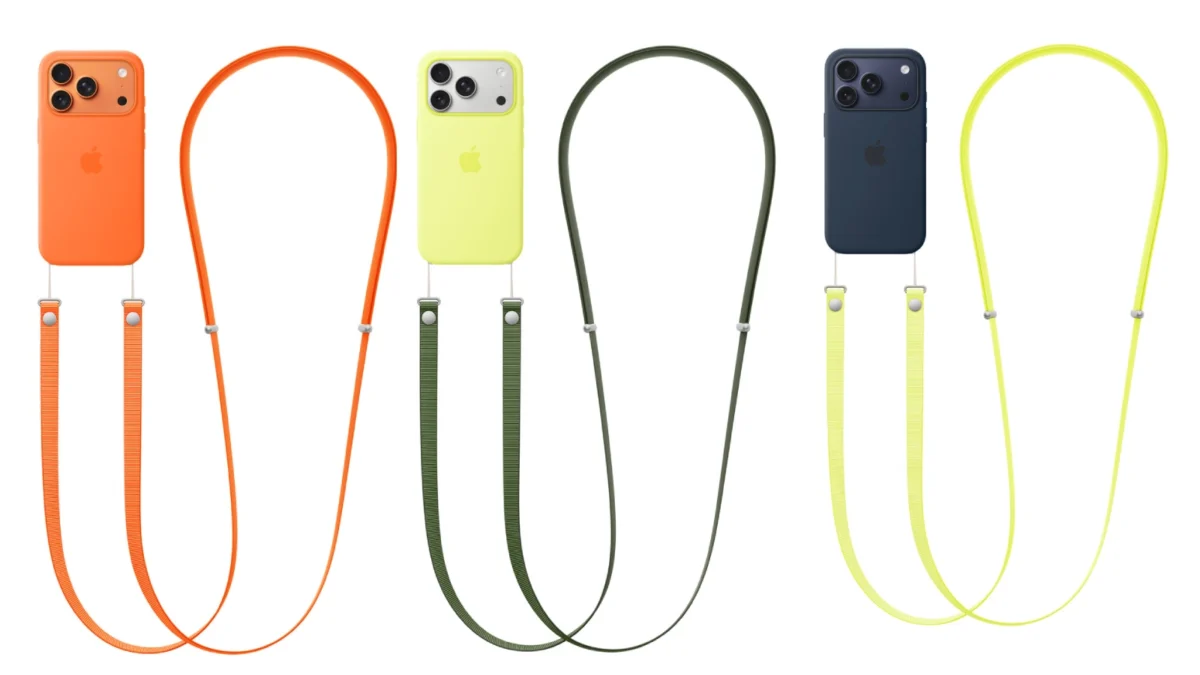 iPhone 17 crossbody with Apple’s woven strap attached to a The case.