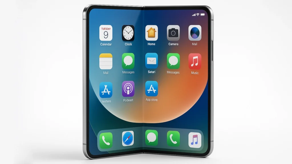 A realistic 3D render of the Apple Fold prototype showing a foldable iPhone with a titanium and aluminum frame, hinge design similar to a MacBook, and a seamless OLED screen displaying iOS app icons on a white background.