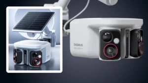 Dual-lens Baseus Security X1 Pro solar security camera outdoors.