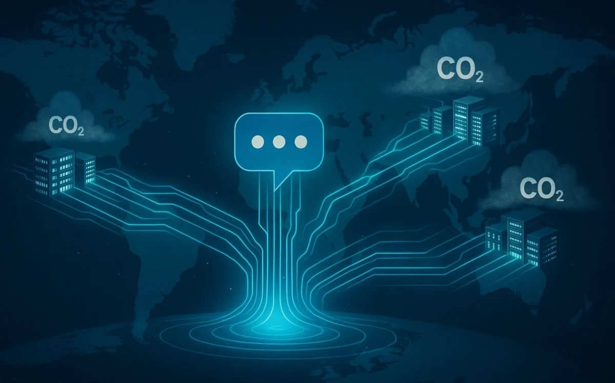 World map showing AI data centers connected by glowing lines with CO₂ clouds symbolizing emissions.
