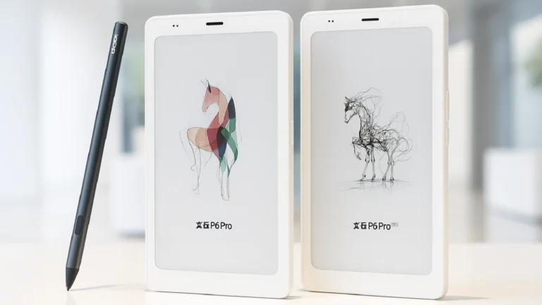 Boox P6 Pro e-reader with Kaleido 3 color screen and stylus.