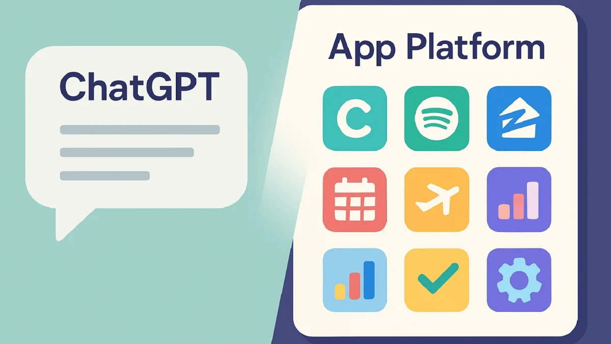 Illustration showing a ChatGPT chat bubble transforming into a grid of colorful app icons, representing ChatGPT’s new app platform concept.