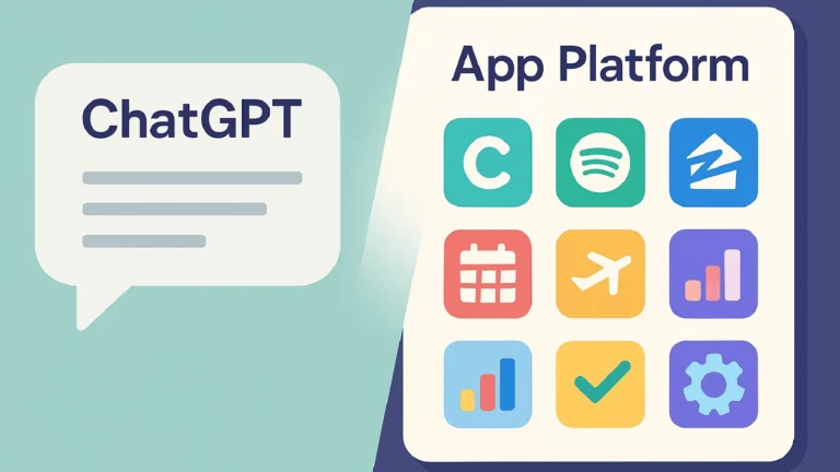 Illustration showing a ChatGPT chat bubble transforming into a grid of colorful app icons, representing ChatGPT’s new app platform concept.