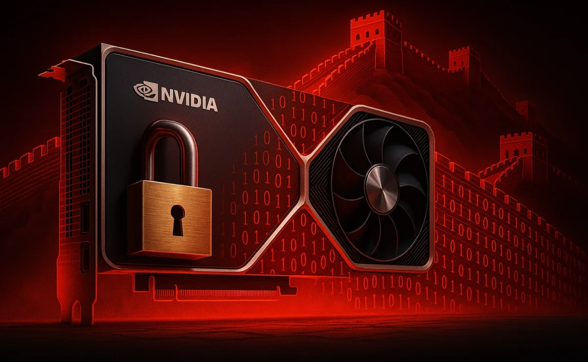 Nvidia GPU locked behind a digital Chinese firewall symbolizing bans.