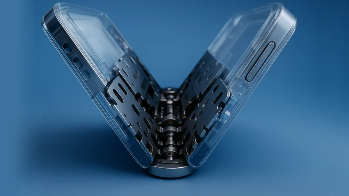 A detailed close-up of a foldable smartphone hinge with visible metal components and transparent casing.