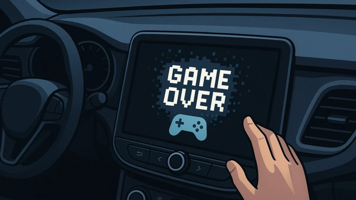 Illustrated car dashboard showing a hand near an infotainment screen with a pixelated “Game Over” message, symbolizing Google removing games from Android Auto.