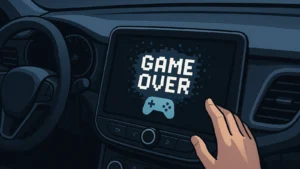 Illustrated car dashboard showing a hand near an infotainment screen with a pixelated “Game Over” message, symbolizing Google removing games from Android Auto.