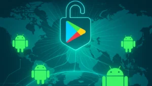 A glowing digital world map with an unlocked Google Play logo at the center, connected to green Android icons representing cities like Lagos, Paris, India, and Tokyo, symbolizing the global impact of Play Store policy changes.