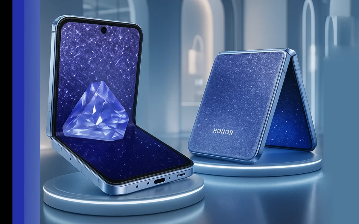 Honor Magic V Flip 2 folded halfway with glowing back panel.