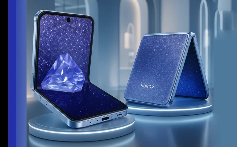 Honor Magic V Flip 2 folded halfway with glowing back panel.