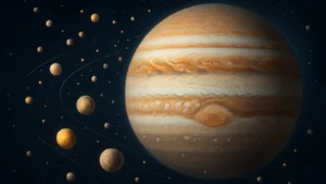 Artistic rendering of Jupiter with many moons orbiting around it, representing the planet’s 97 known natural satellites as of 2025.