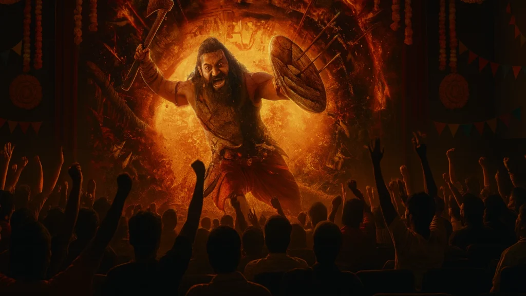 Crowds watching Kantara 2 in theaters with Dussehra decor.