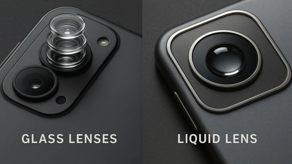 Ultra-realistic image showing a smartphone camera with stacked glass lenses on the left and a smooth, domed liquid lens on the right, representing the shift from traditional optics to liquid lens technology.