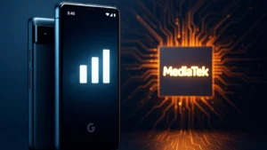 A Google Pixel smartphone showing full signal strength stands beside a glowing MediaTek chip surrounded by illuminated circuitry, symbolizing improved connectivity and modem technology.