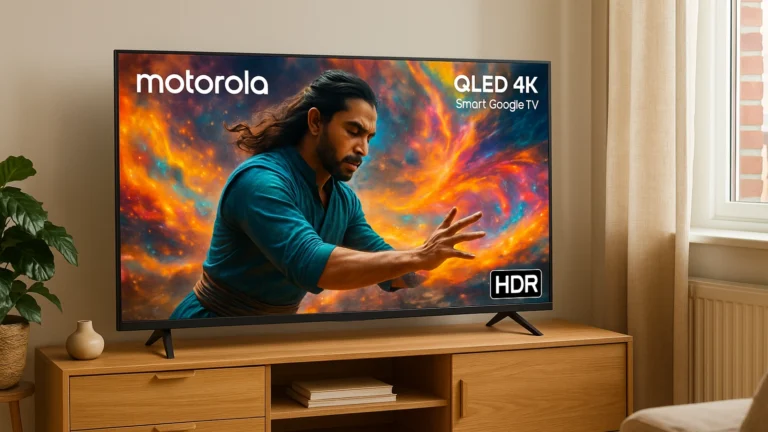Motorola QLED 4K Smart Google TV displaying a vibrant HDR scene in an Indian living room.