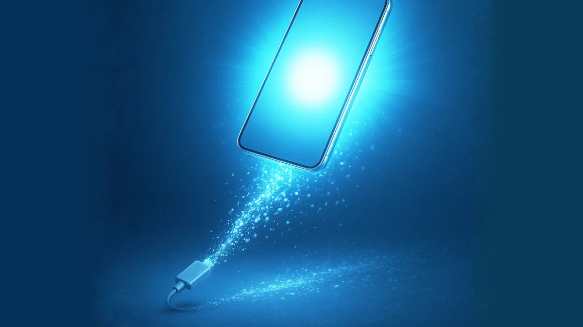 A glowing smartphone floating above a charging cable that dissolves into light particles, representing the end of wired connections.